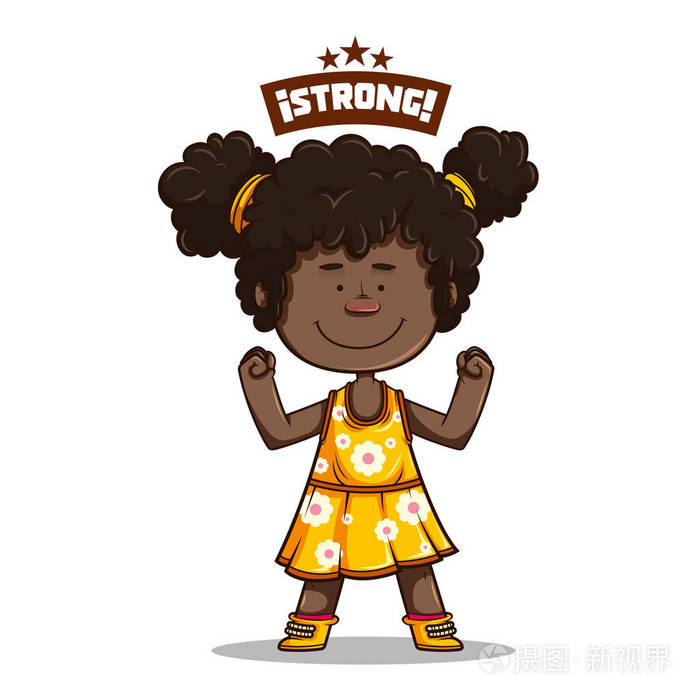 可爱的非洲女孩微笑着黄色的礼服白色的花朵和紫红色丝袜标志着在白色