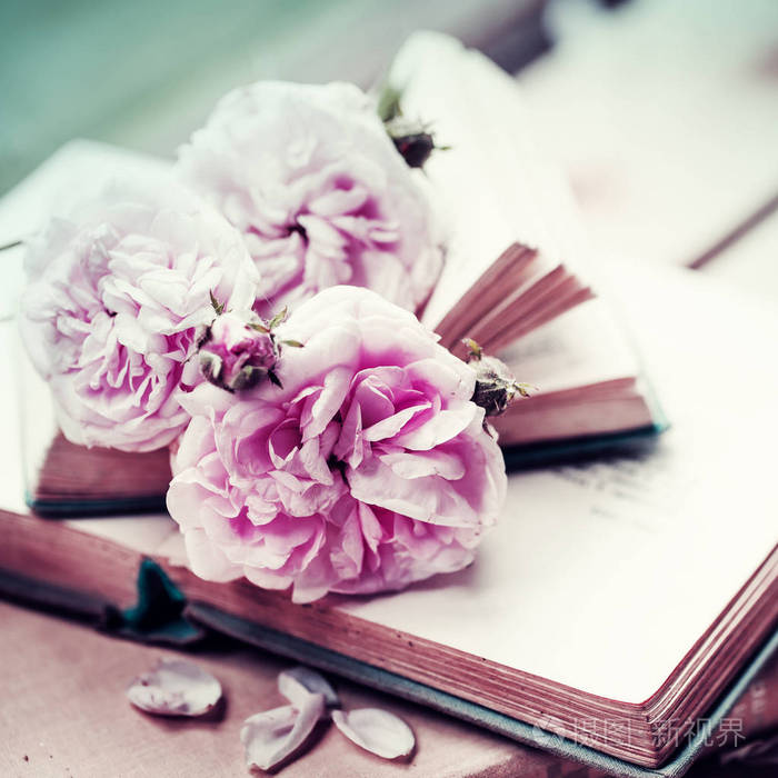 在木表面上的书本上的自然花朵花束的特写视图