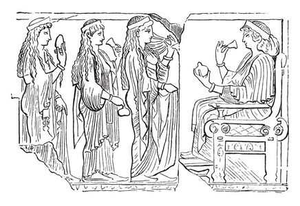 从英国博物馆的妖墓浮雕, 复古线条绘画或雕刻插图