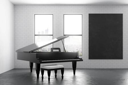现代室内钢琴和海报图片