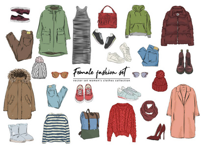 女性时装套装.手绘向量设置妇女的衣服收藏.