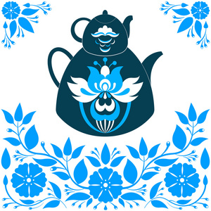 矢量图蓝色背景上的茶壶