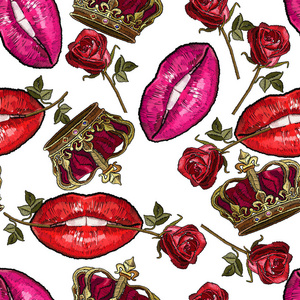 刺绣嘴唇, 玫瑰花和皇冠无缝模式