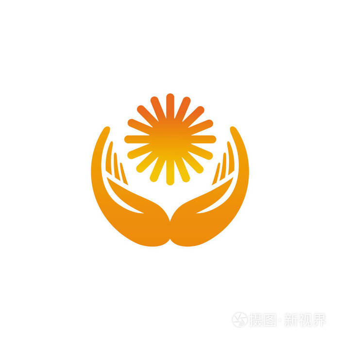 橘黄色的太阳和两只手围绕着