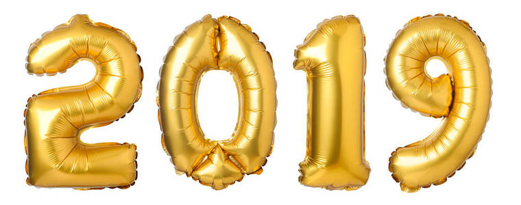 数字2019由金气球查出的白色背景, 新年概念照片