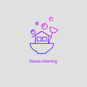 清洁公司徽标, 带刷子和肥皂气泡的房子, 渐变清洁图标