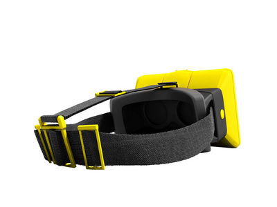 现代黄色虚拟现实眼镜带上固定在头上3d 渲染白色背景无阴影