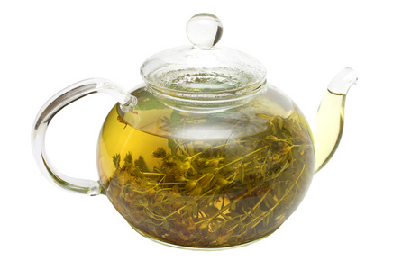 玻璃茶壶与金丝桃属植物图片