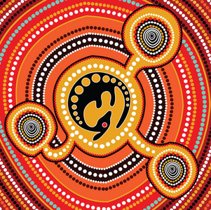 土著艺术矢量画与袋鼠, 连接概念, 插图基于点背景的原住民风格