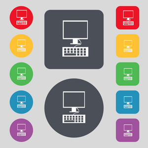 计算机显示器和键盘图标。设置色彩缤纷的按钮。矢量