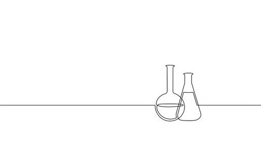 单一连续线艺术化学科学烧瓶。科技研究医学玻璃设备设计一素描轮廓图矢量图示