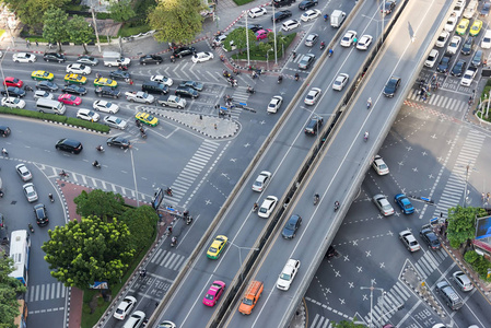 泰国城市道路交通.曼谷高速公路上视图, 顶部视图照片
