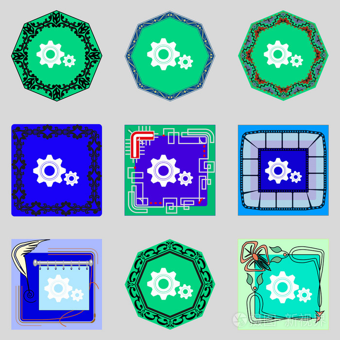 齿轮设置标志图标。齿轮齿轮机制符号。设置色彩缤纷的按钮。矢量