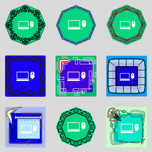 计算机的宽屏显示器，鼠标标志图标。设置色彩缤纷的按钮。矢量