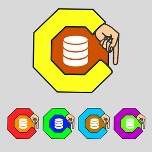 硬盘和数据库签名图标。闪存驱动器根棍子符号。设置色彩缤纷的按钮。矢量