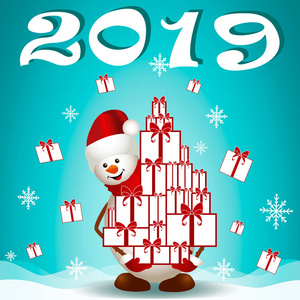 2019新年。广告横幅上的雪人。圣诞节和新年。广告横幅。横幅与销售文本。销售文本
