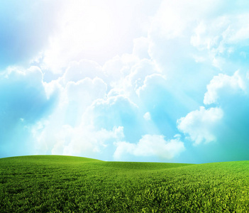 绿色草原蓝蓝的天空云下