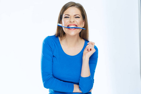 口腔妇女手持牙刷的画像, 牙齿健康概念