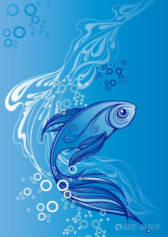 抽象蓝色鱼波的背景上