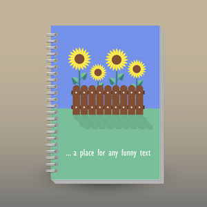 带环形螺旋粘结剂的日记本或笔记本的矢量封面. 格式 A5. 版式小册子概念. 花园平面设计中的黄色向日葵