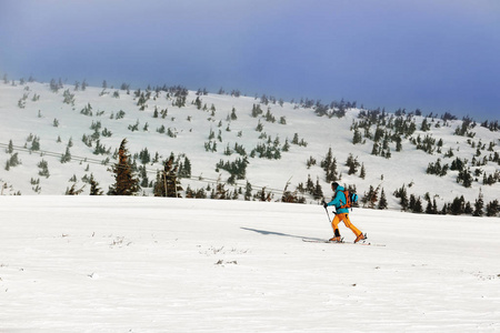 运动员滑雪在背道而驰在雪度假村。寒假