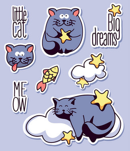 一套滑稽的猫贴, 徽章, 补丁.矢量草图插图照片