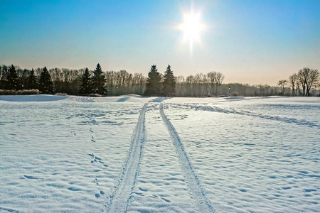 美丽的冬季景观与汽车的轨道在雪地里。文本位置