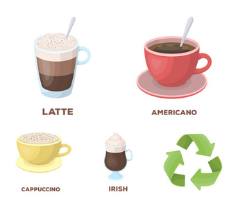 美国，晚，爱尔兰，卡布奇诺。不同类型的咖啡在卡通风格矢量符号股票图 web 设置集合图标