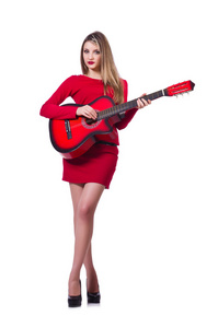 孤立在白色的吉他玩家女人