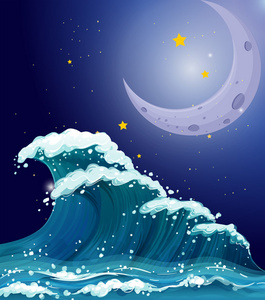 一个大浪的闪闪发光的星星和一轮明月下
