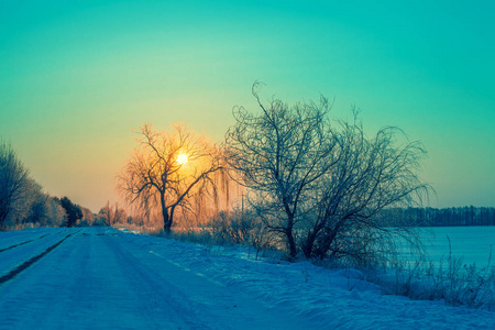 清晨。日出时沿着白雪覆盖的道路