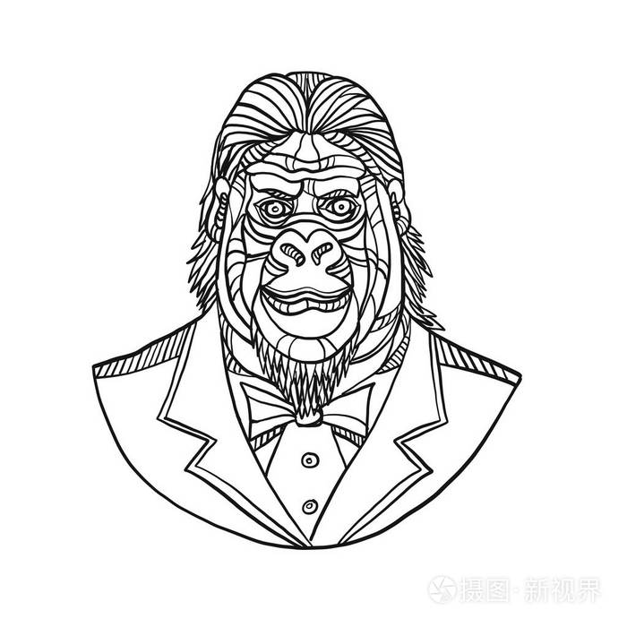 插画 单声道线例证大猩猩或猿的胸围穿燕尾服外套外套和领带西装从