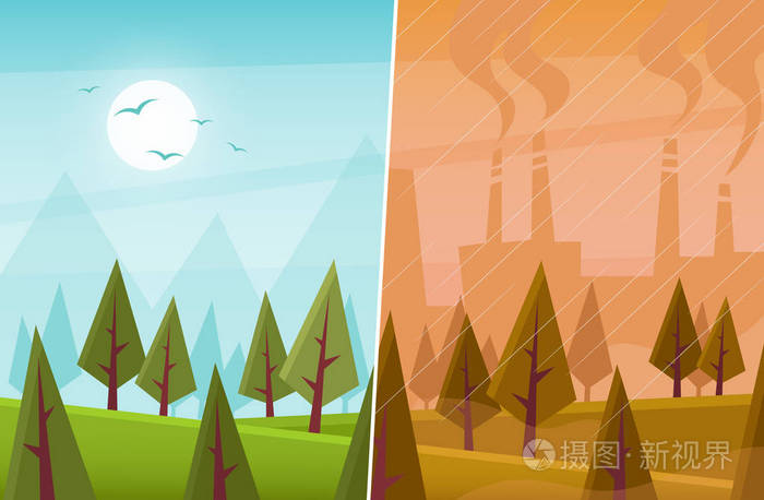 动画片森林清洁和工厂污染向量例证