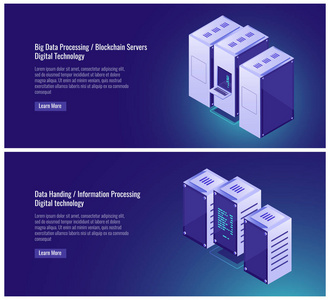 大, 数据处理, 服务器机房, 主机, blockchain, 数据处理, 计算机, 大型机概念, 云数据存储矢量图在紫外线背景