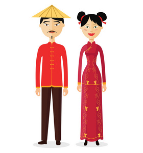 传统民族服饰矢量插图中的中国情侣男女在白色隔离