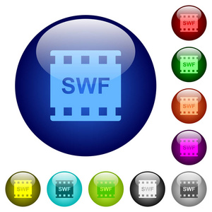 圆形彩色玻璃按钮上的 Swf 电影格式图标