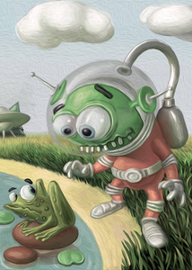 遇见的漫画滑稽的外星人在西装看青蛙照片