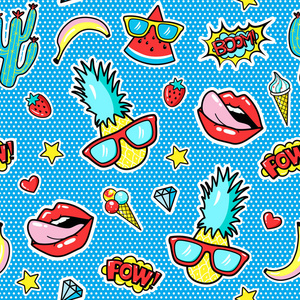 无缝模式与时尚补丁徽章与菠萝, 嘴唇, 心脏, 讲话气泡。卡通矢量插图八十年代九十年代风格