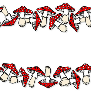 毒蕈菇白色米色红色秋天季节无缝双水平边框白色背景上