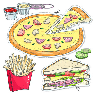 漫画风格五颜六色的图标, 设置快餐, 比萨饼, 三明治和薯条