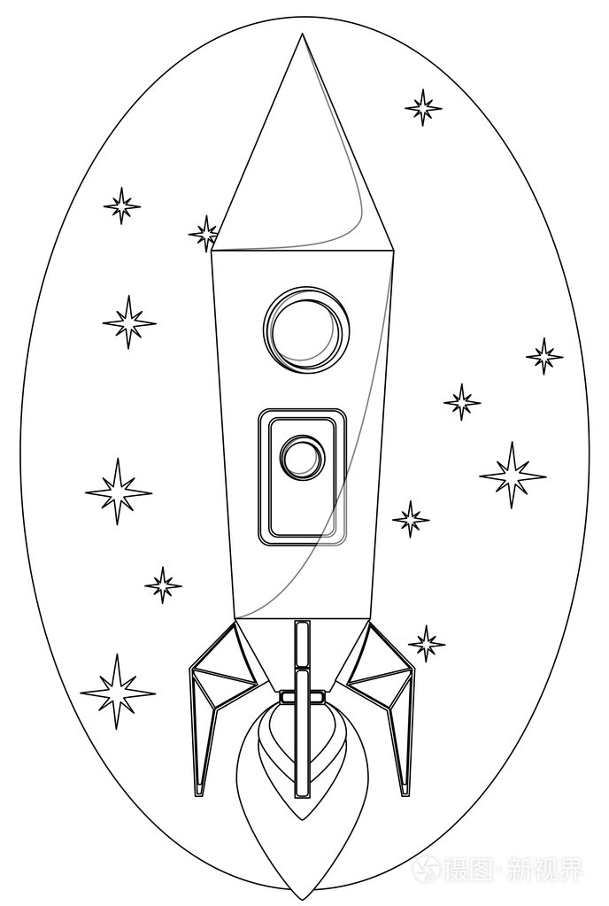 插画 火箭飞行在太空中一颗星星,绘制的轮廓线.矢量.eps