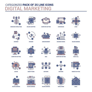 复古数字营销图标集25 平线图标集