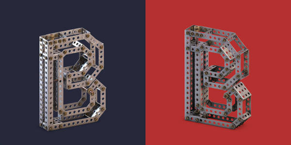 3d. 具有红色和深蓝色背景的金属构造器字体。3d 渲染。字母 B