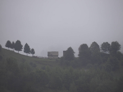 雾在村庄在 carpatian 山