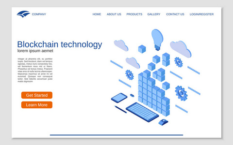 区块链技术扁平3d 等距向量概念图。网站着陆页模板