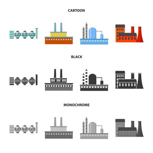工业生产。工厂集合图标在卡通, 黑色, 单色风格矢量符号股票插画网站