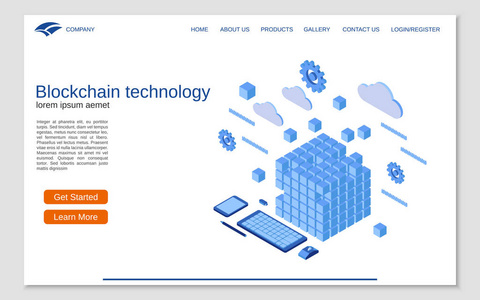 区块链技术扁平3d 等距向量概念图。网站着陆页模板