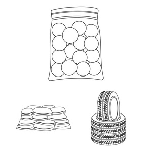 彩弹, 团队游戏轮廓图标集合中的设计。设备和装备矢量符号股票网页插图