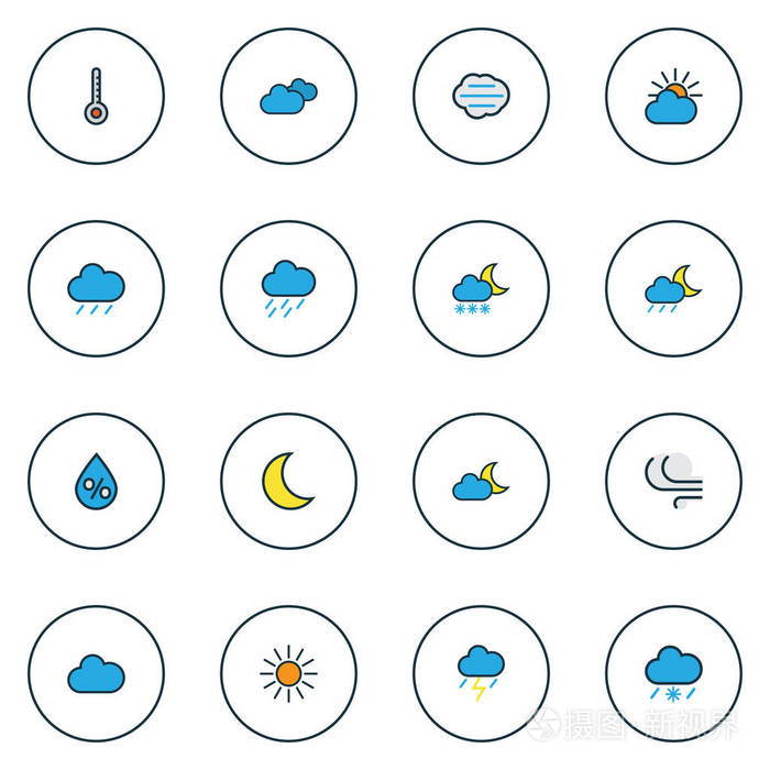 空气图标色线设置与阳光雨滴暴风雨和其他暮光元素孤立的矢量插图空气