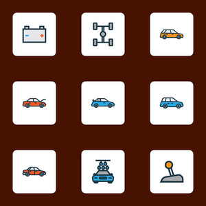 汽车图标彩色线设置与轿车, 洗车场, 交叉和其他机器元素。独立矢量插图汽车图标